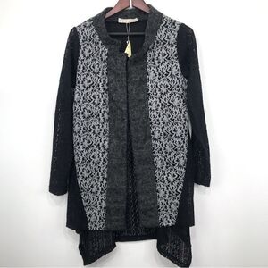 A’reve Gray Black Felted Wool Floral Lace Panel Long Sleeve Tunic Cardigan